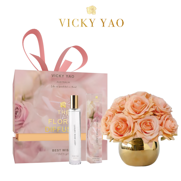VICKY YAO FRAGRANCE - Natural Touch Orange 12 Alice Roses Golden Ceramic Pot & Luxury Fragrance 50ml