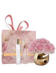 VICKY YAO FRAGRANCE - Natural Touch Baby Pink 12 Alice Roses Golden Ceramic Pot & Luxury Fragrance 50ml