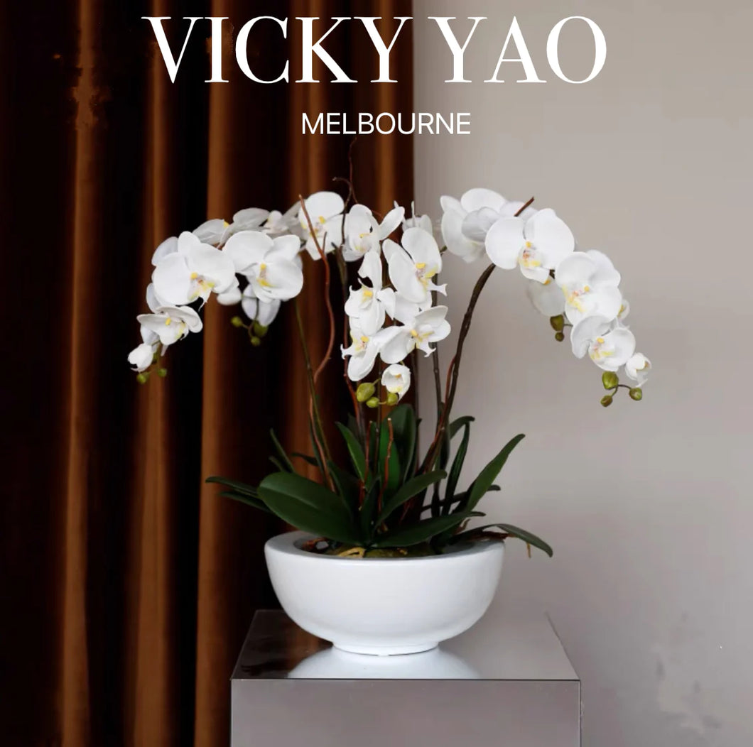 VICKY YAO Faux Floral - Luxury Elegant Natural Touch Faux Floral Arrangement With White Ceramic Pot