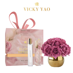 VICKY YAO FRAGRANCE - Natural Touch Purple Gray 12 Alice Roses Golden Ceramic Pot & Luxury Fragrance 50ml