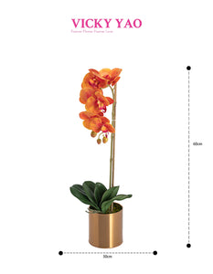 VICKY YAO Faux Floral - Artificial 1 Stem Orange Orchid Flower Arrangement 60cm
