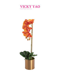 VICKY YAO Faux Floral - Artificial 1 Stem Orange Orchid Flower Arrangement 60cm