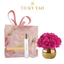 Load image into Gallery viewer, VICKY YAO FRAGRANCE - Natural Touch Purple 12 Alice Roses Golden Ceramic Pot &amp; Luxury Fragrance 50ml