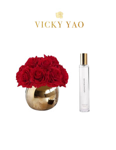 VICKY YAO FRAGRANCE - Natural Touch Fire Red 12 Alice Roses Golden Ceramic Pot & Luxury Fragrance 50ml