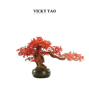 VICKY YAO Faux Plant - Exclusive Design Artificial Red Maple Leaf Bonsai Arrangemen
