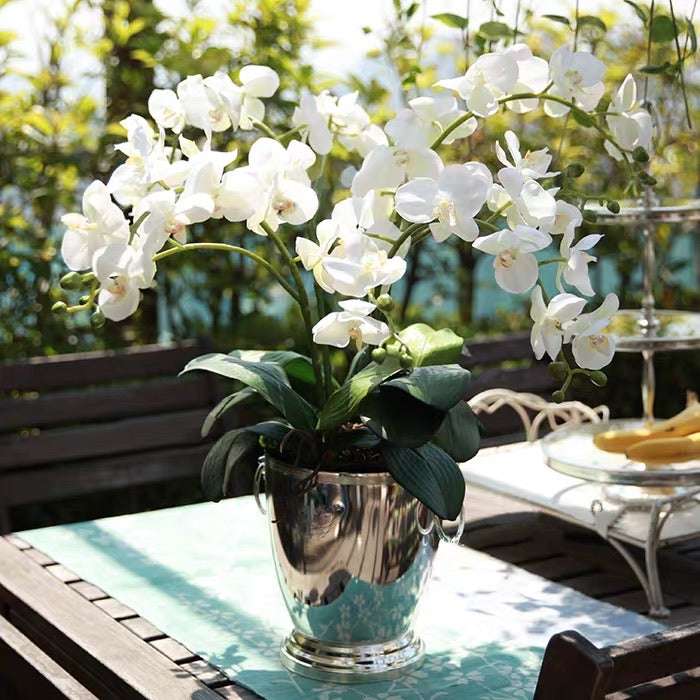 Vicky Yao Faux Floral - Exclusive Design Luxury Real Touch Artificial White Orchid Arrangement In Silver Vase