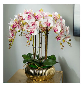 VICKY YAO Faux Floral  - Exclusive Design High End  Fushia Big 10 Stems Artificial Orchid Pot Flower Arrangement