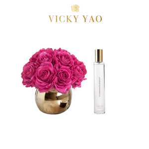 VICKY YAO FRAGRANCE - Natural Touch Purple 12 Alice Roses Golden Ceramic Pot & Luxury Fragrance 50ml