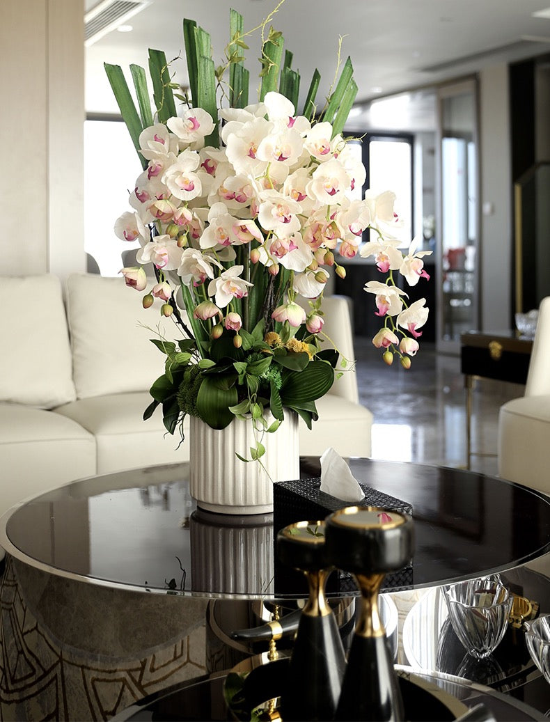 VICKY YAO Faux Floral - High End Luxury Artificial White Orchid Arrangement 100cm H