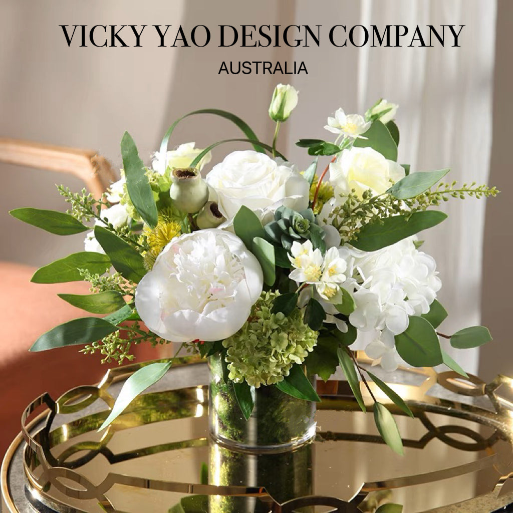 Vicky Yao Faux Floral - Exclusive Design Elegant Nature Artificial White Peony Flower Arrangement