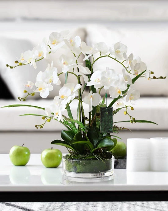 VICKY YAO Faux Floral - Exclusive Design White Faux Orchid Arrangement With Glass Pot