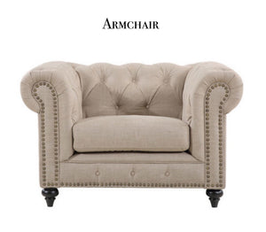 Vicky Yao Luxury Furniture - Handmade Luxury French Style Armchair 2/3 Seater Linen Fabric Chesterfield Sofa