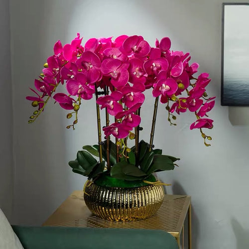 VICKY YAO Faux Floral  - Exclusive Design High End  Fushia Big 10 Stems Artificial Orchid Pot Flower Arrangement