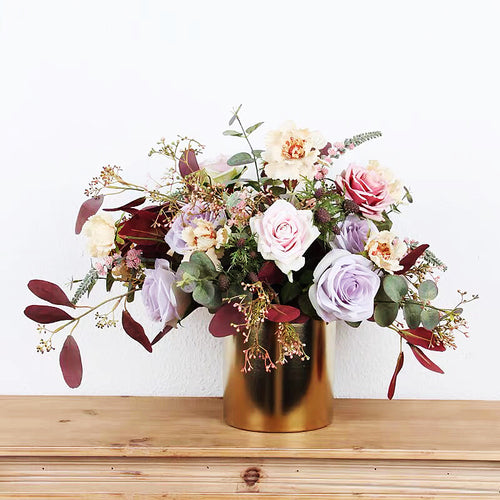VICKY YAO Faux Floral - Exclusive Design Autumn Artificial Purple Rose Arrangement With Golden Pot
