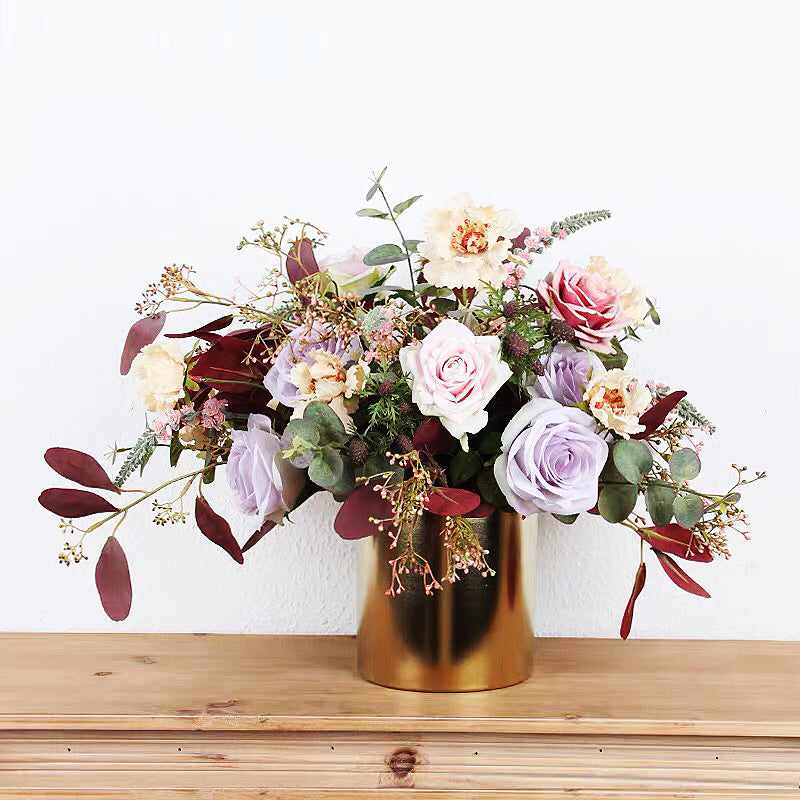 Vicky Yao Faux Floral - Exclusive Design Autumn Artificial Purple Rose Arrangement With Golden Pot