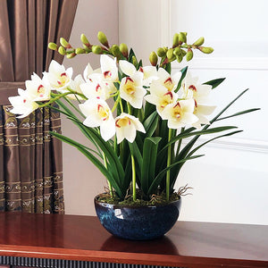 VICKY YAO Faux Floral - Exclusive Design Handmade Natural Touch Artificial Cymbidium Orchid Flower Arrangement